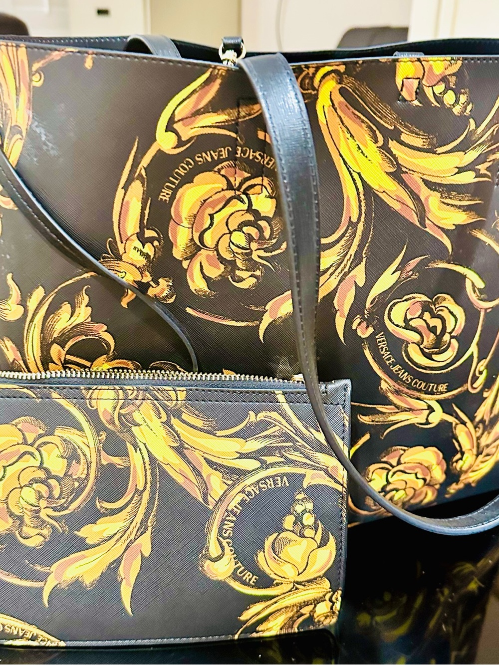 Versace Jeans Collection Black and Gold Baroque Tote with Pouch